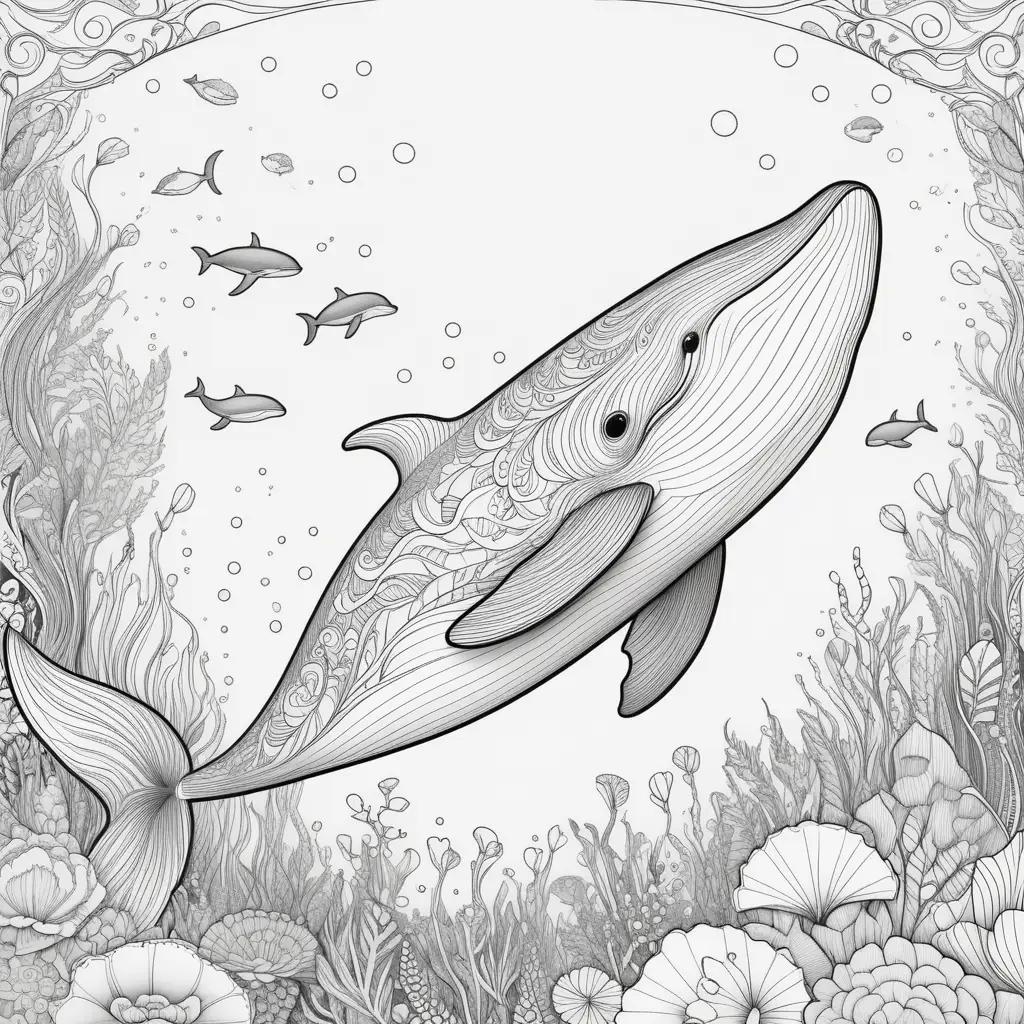 Whale coloring pages with underwater plants and fish