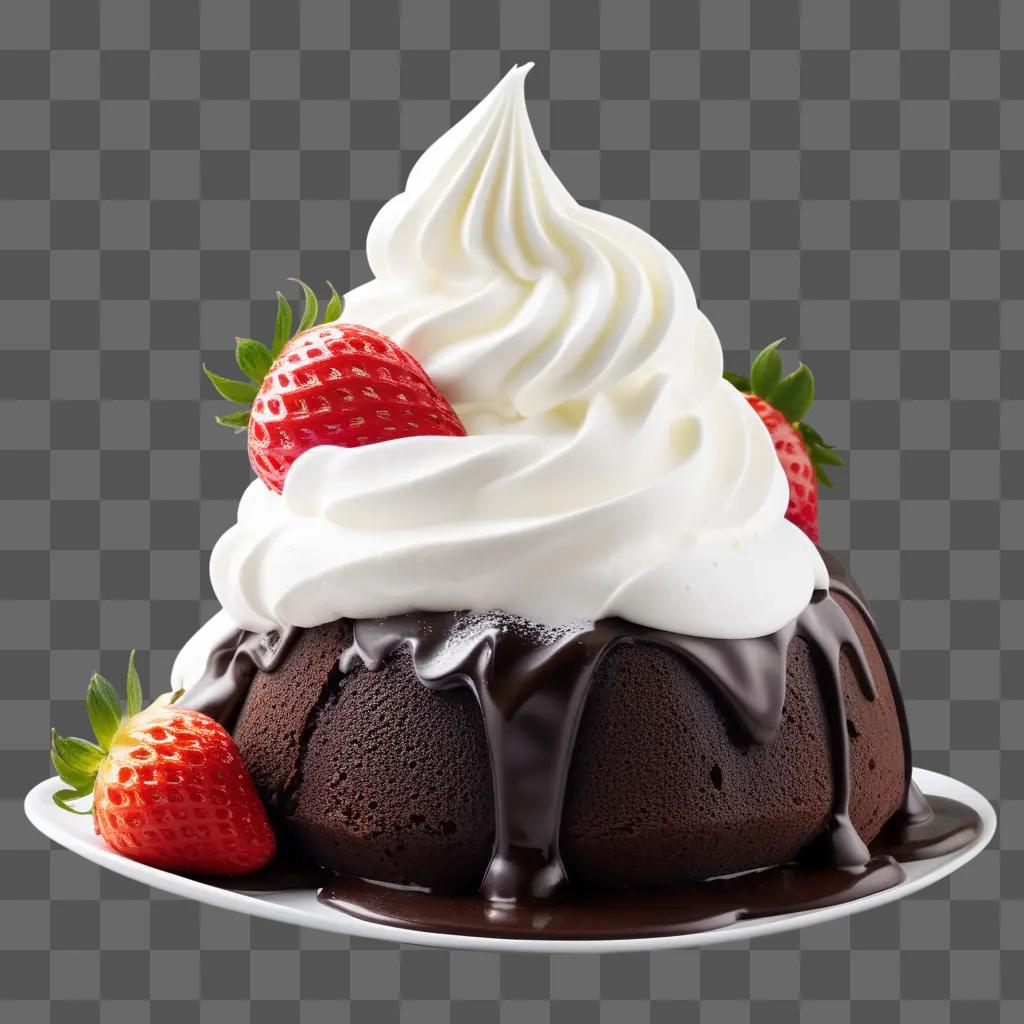 Whip cream on a chocolate cake with strawberries