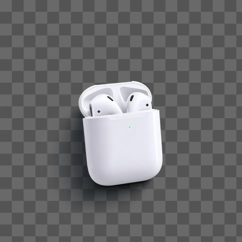 灰色の壁に充電ケースに収められた白いAirPods