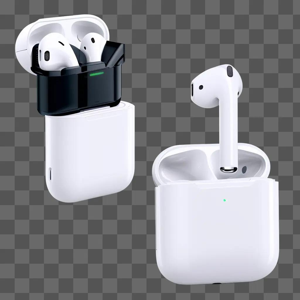 White AirPods sit in a charging case with green light