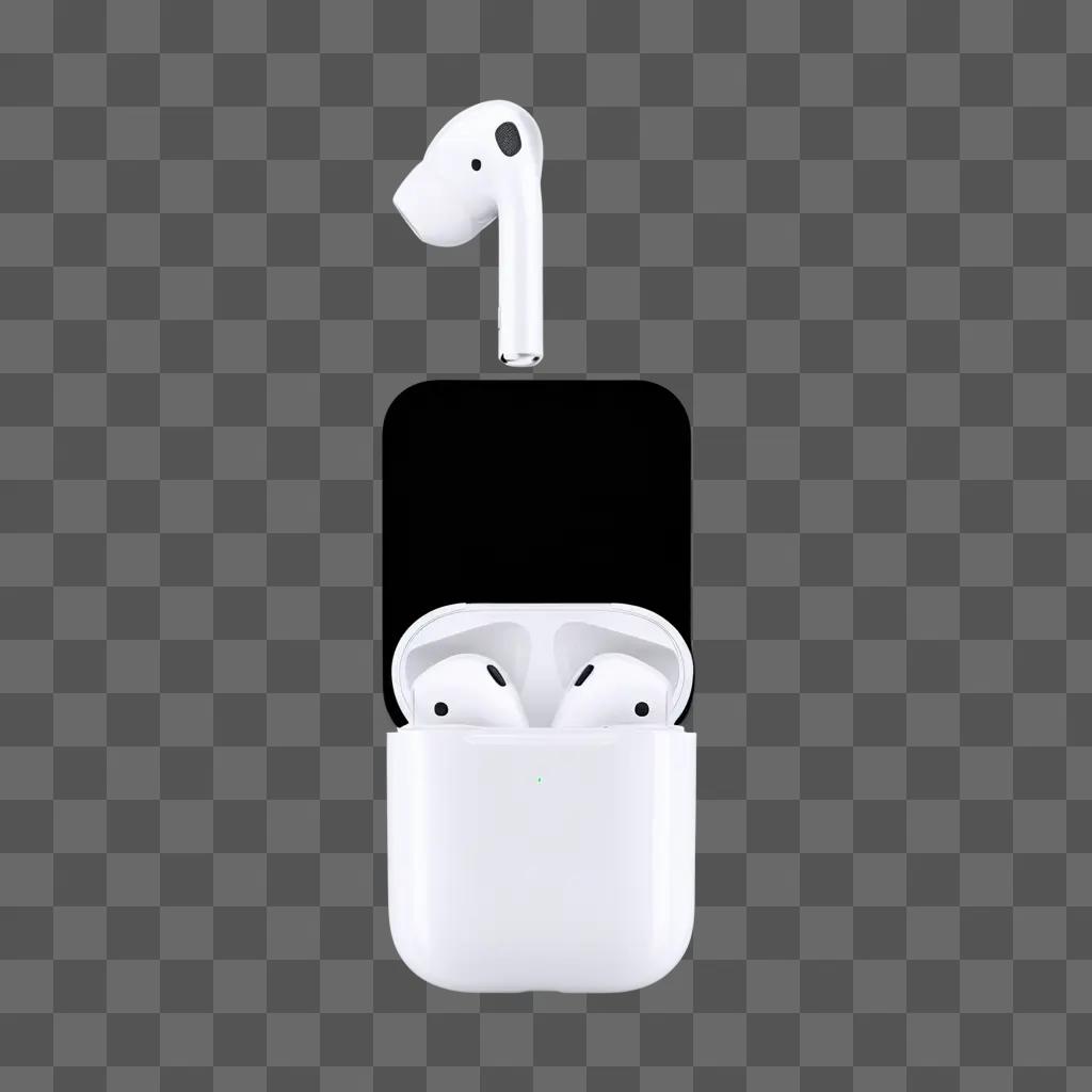 黒い背景に黒い充電ケースが付いた白いAirPods