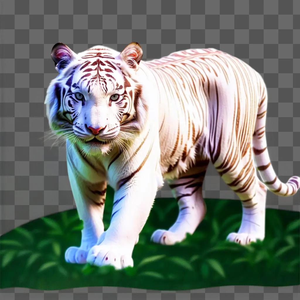 White Bengal Tiger with green grass and leaves