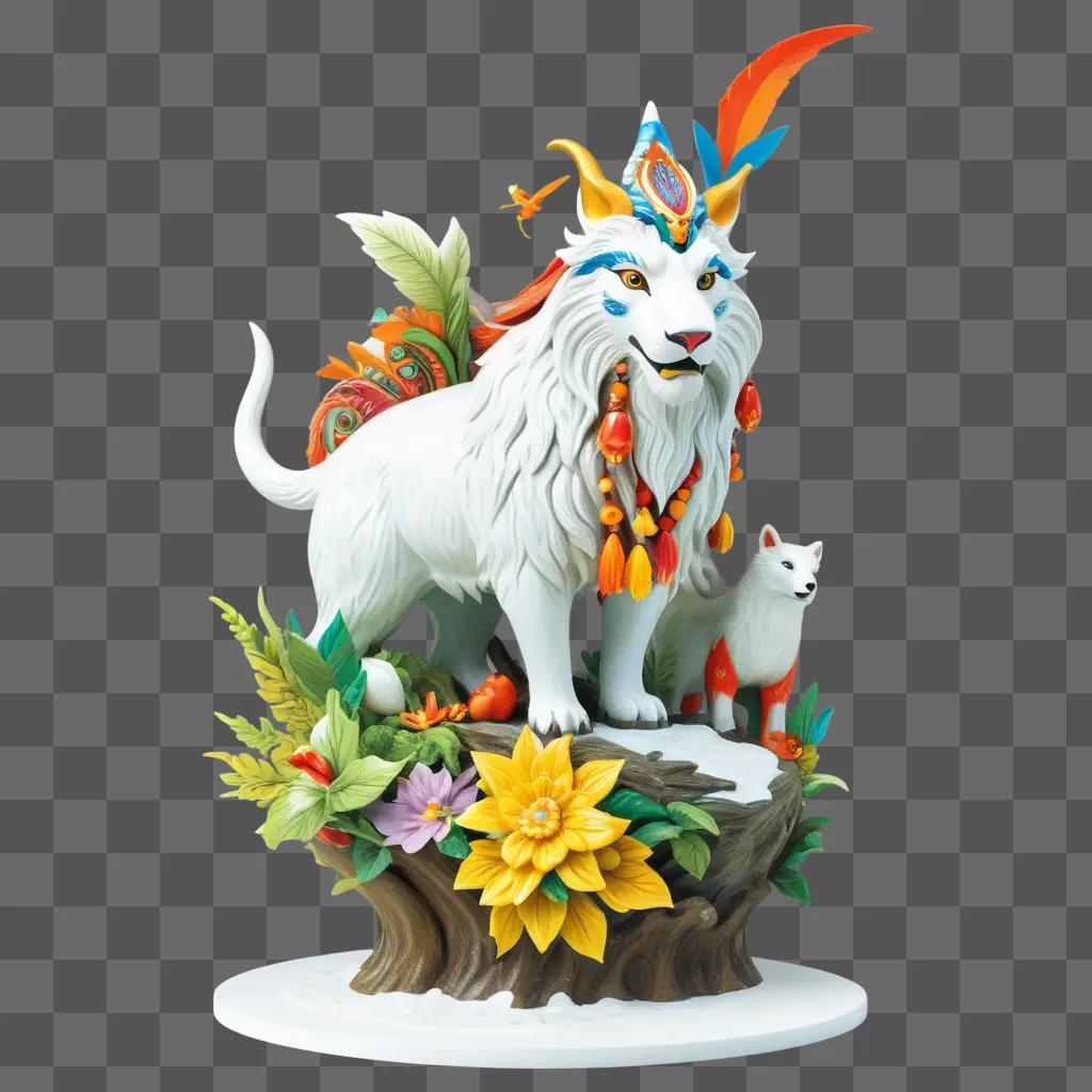 White and colorful sculpture of a mythical animal