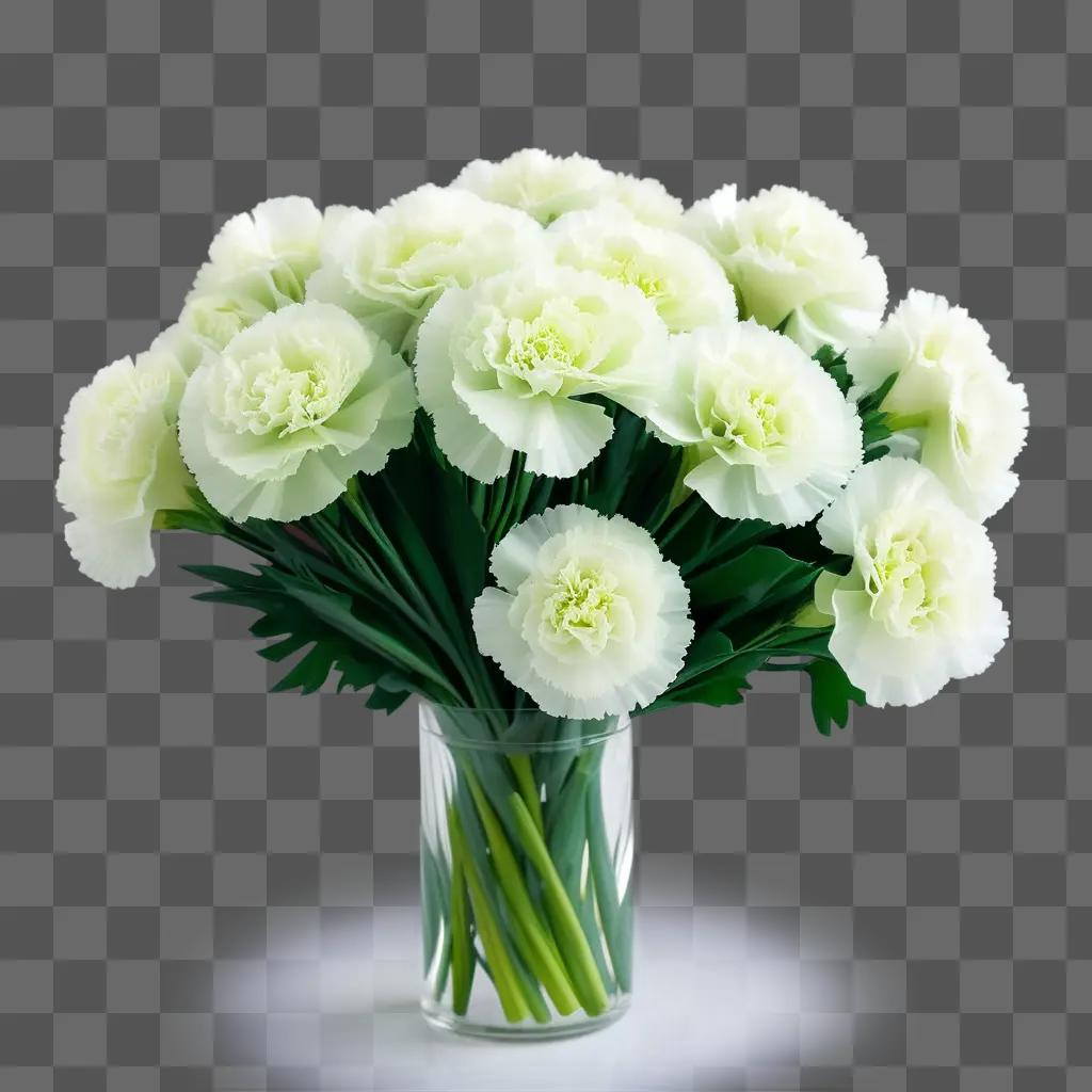 White and green carnations in a clear vase