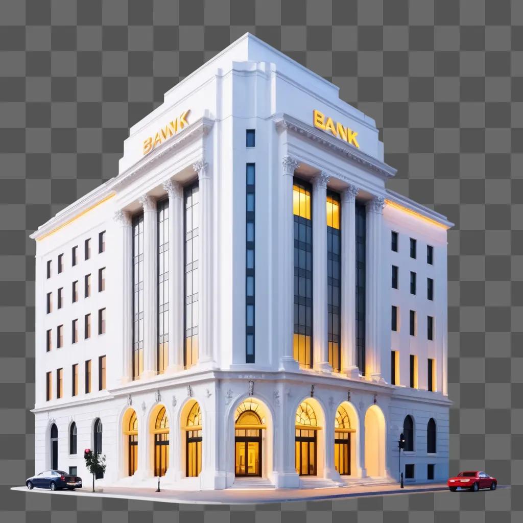 White bank building with yellow lights on