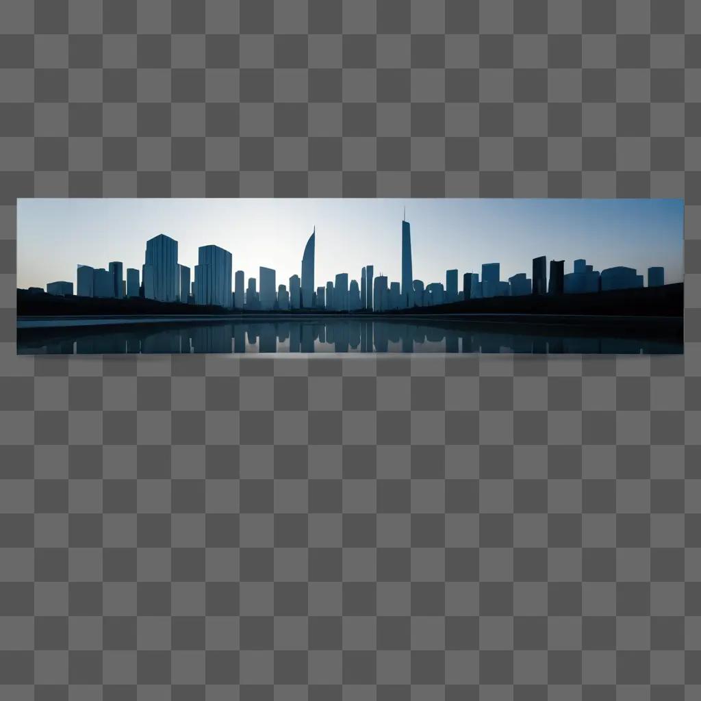 White banner on blue sky with cityscape in background