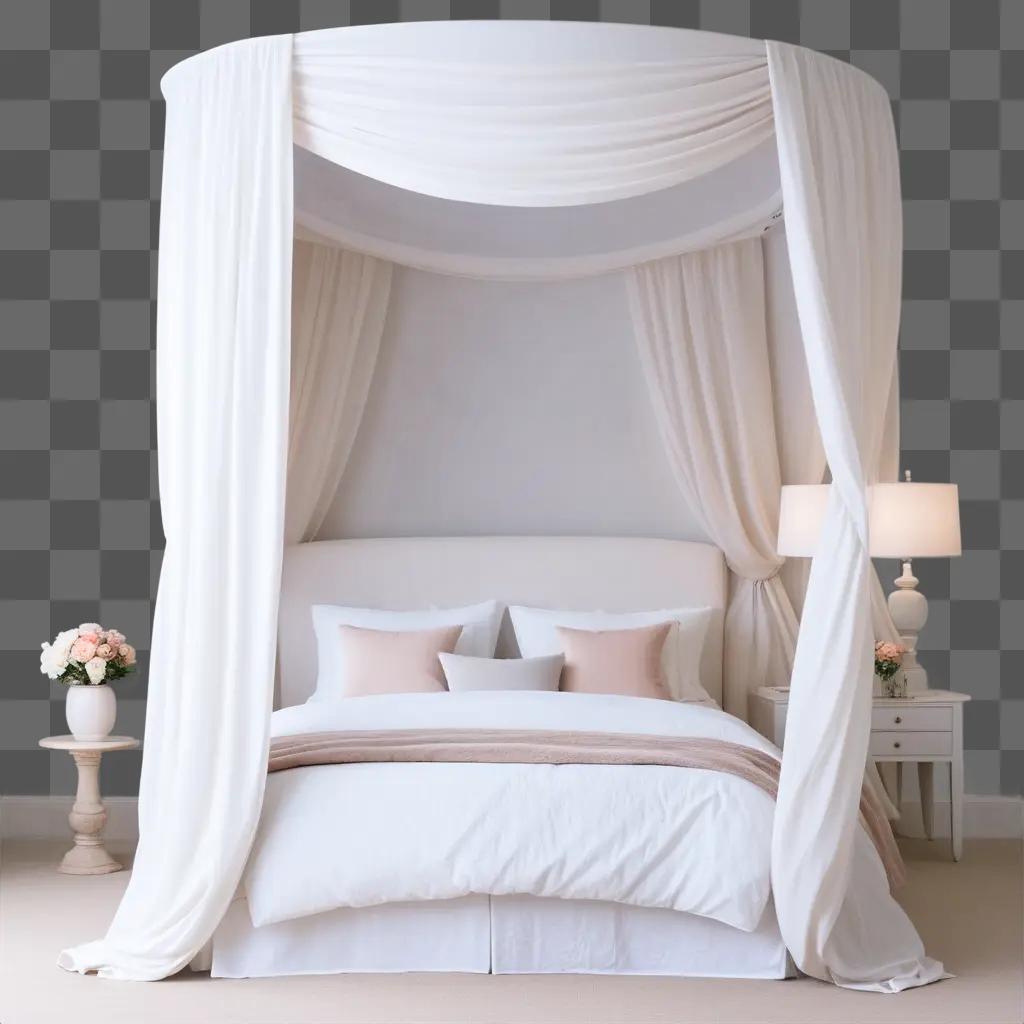 White canopy bed in a bedroom with pillows and a lamp