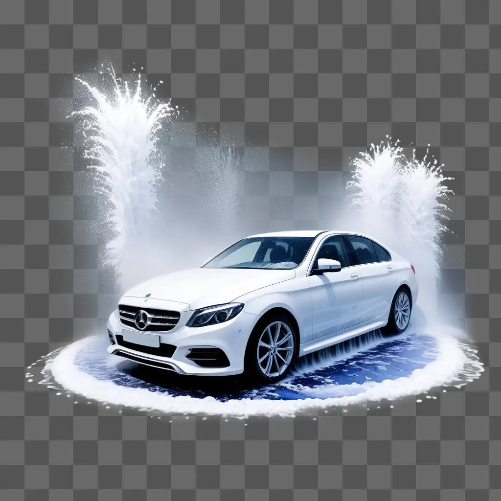 White car gets washed by a fountain