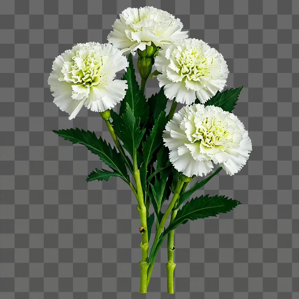 White carnations with green stems in a green background