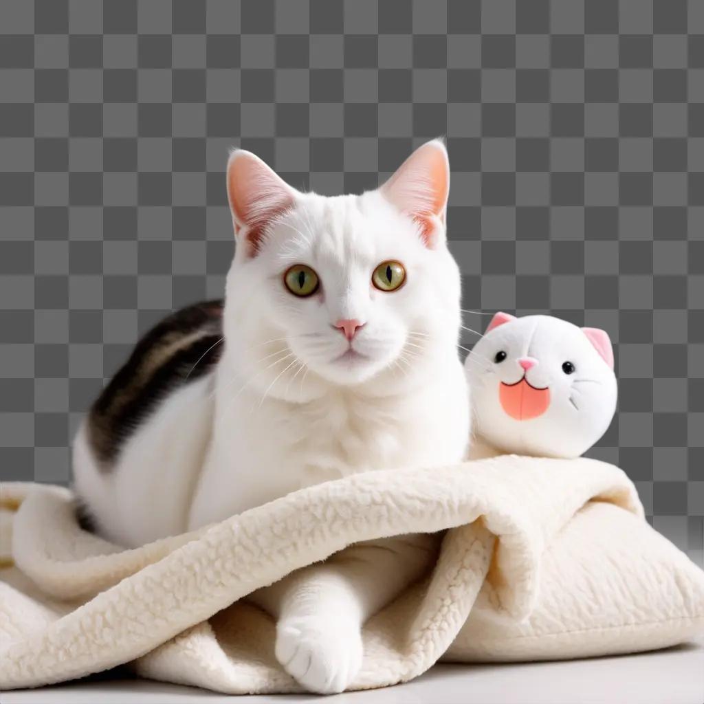 White cat on blanket with stuffed cat next to it