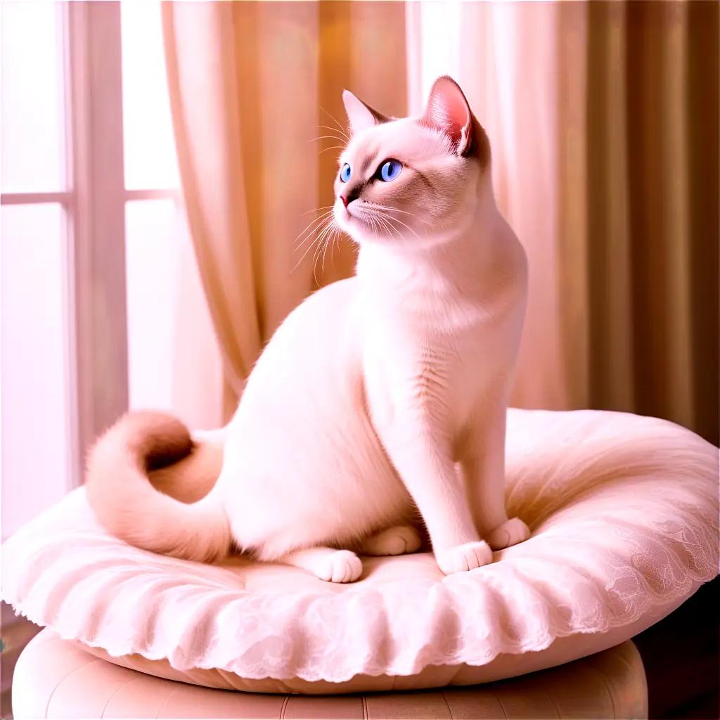 White cat sitting on a pink pillow