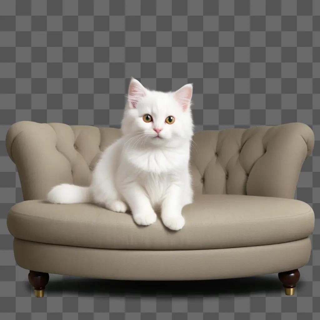 White cat sitting on a tan couch