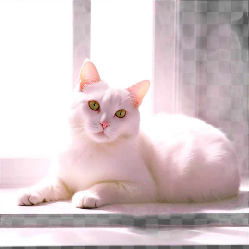 White cat with green eyes resting on a window sill