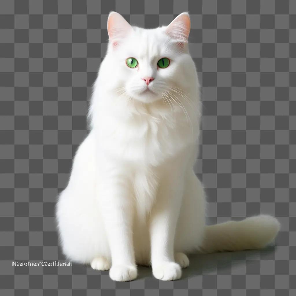 White cat with green eyes sitting on a grey surface