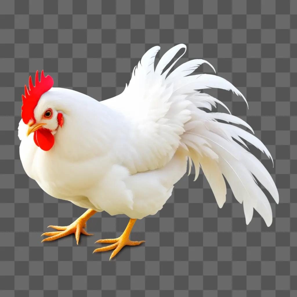 White chicken with red comb and long tail feathers