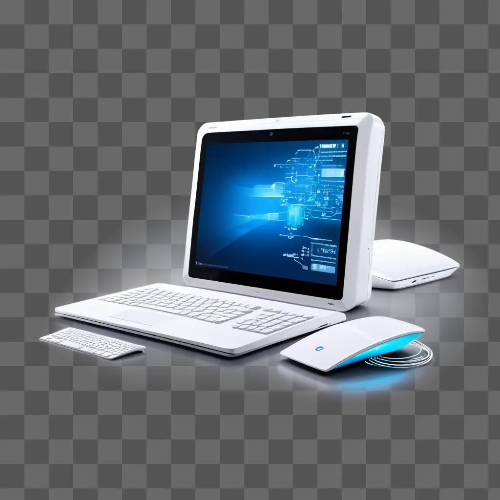 White computer with blue screen and mouse