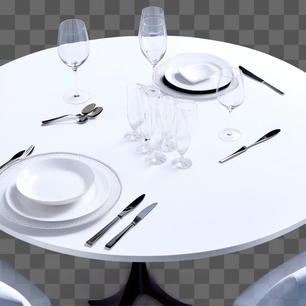 White dining table set with silverware and glassware