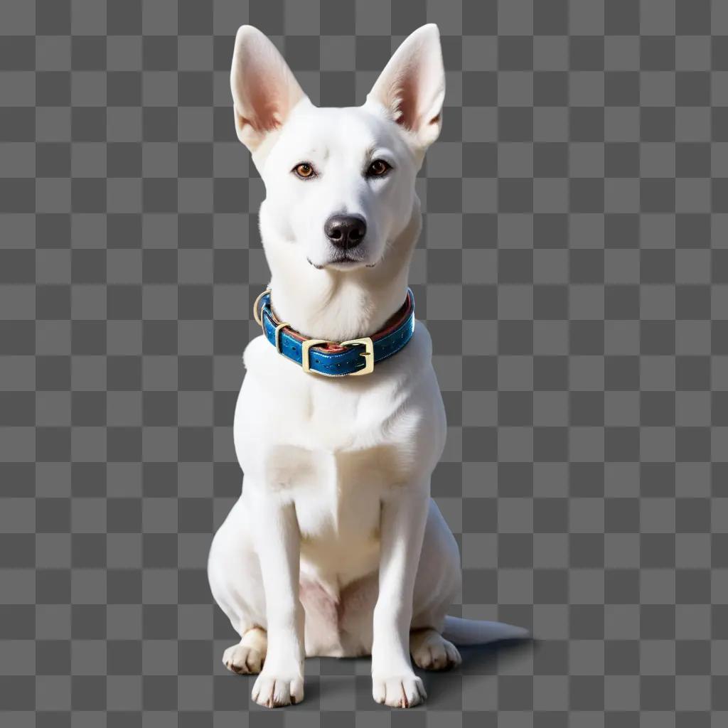 White dog with blue collar sits on gray background