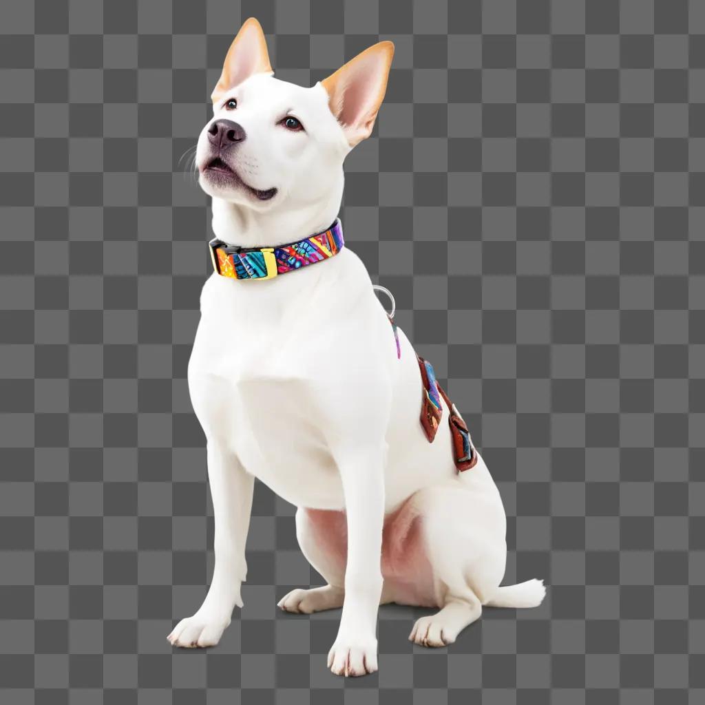 White dog with colorful collar sitting on grey background