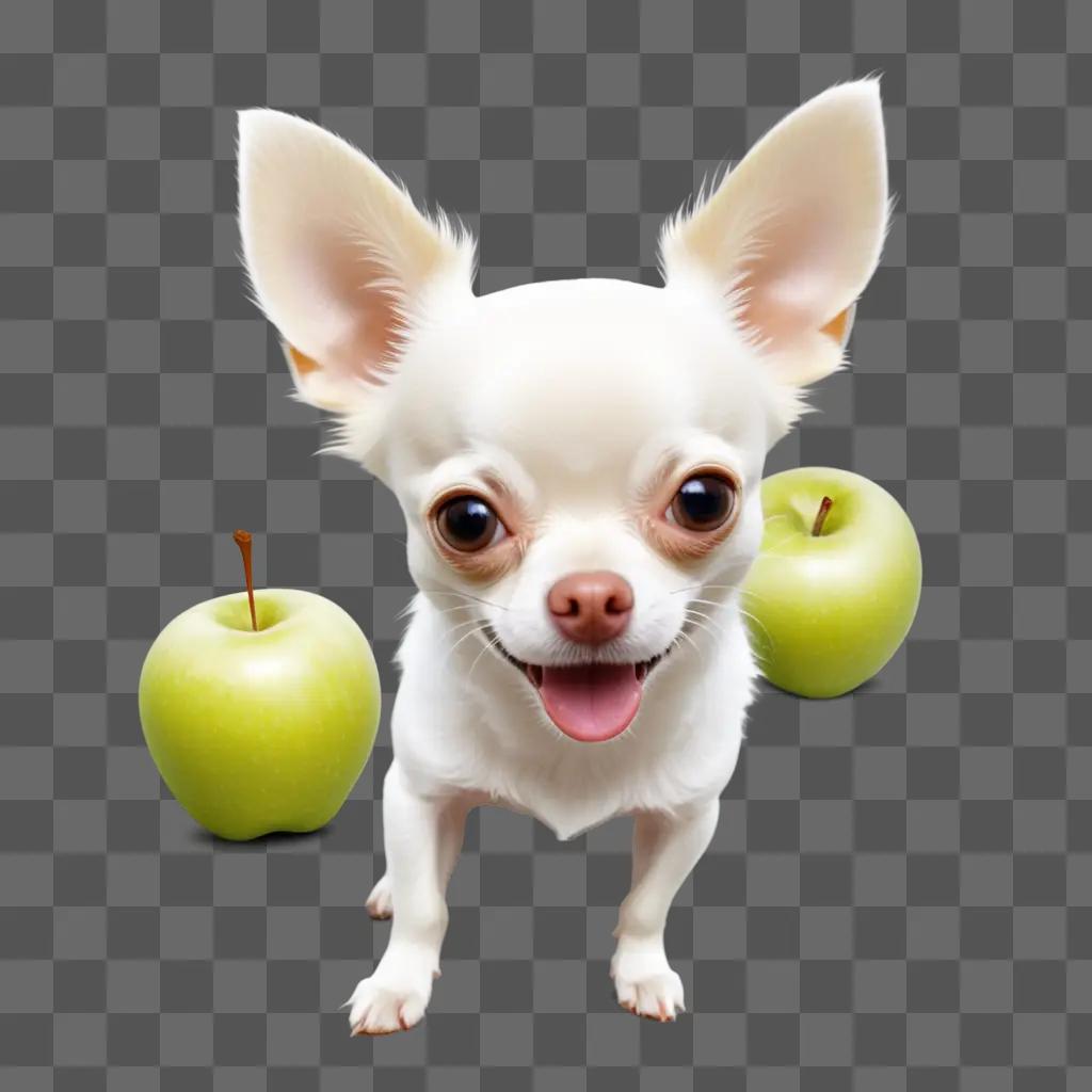 White dog with white apple head sits in front of two green apples