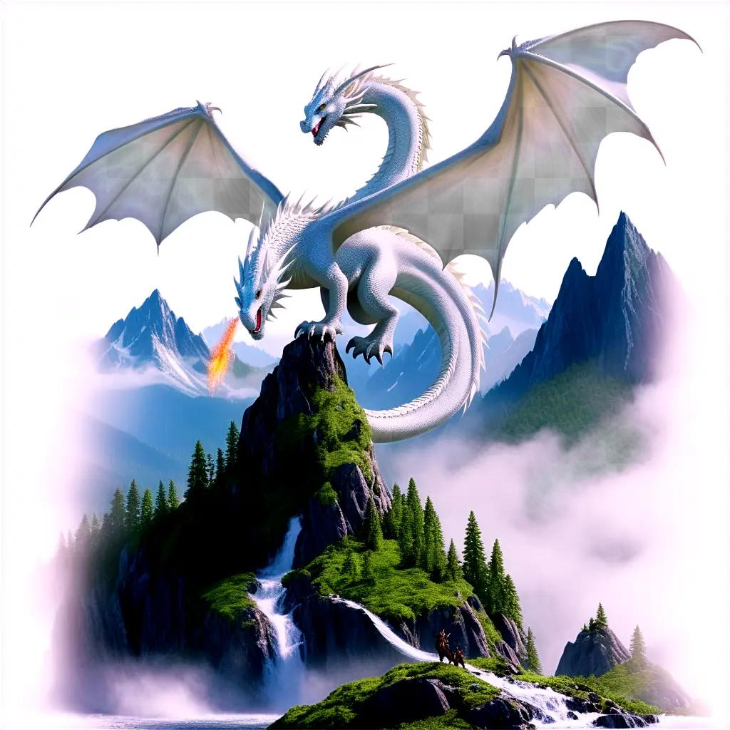 White dragon flying over a mountain range