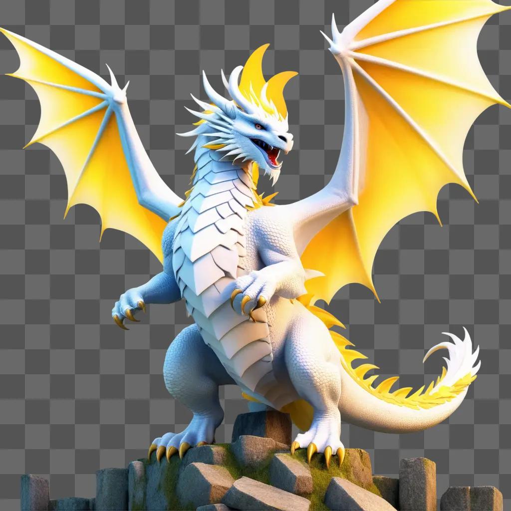 White dragon in a stone cave with golden wings