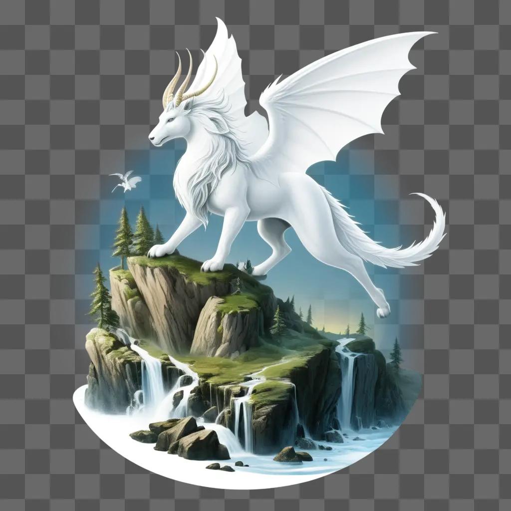 White dragon on rocky cliff with waterfall