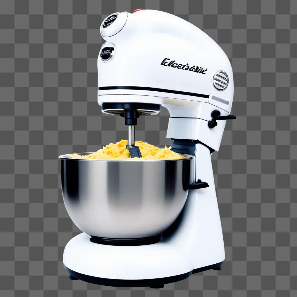 White electric mixer with bowl filled with yellow food