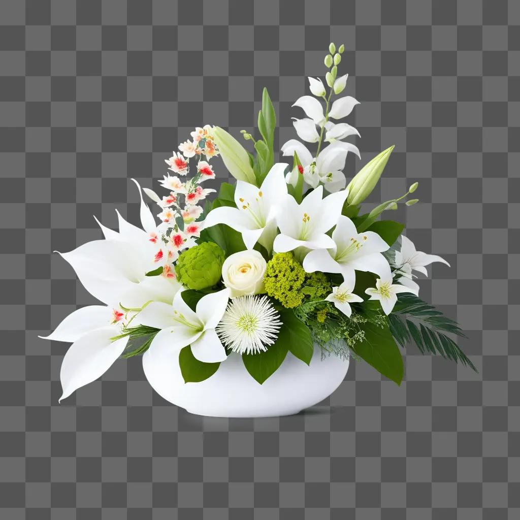 White flower arrangement in vase against a green background