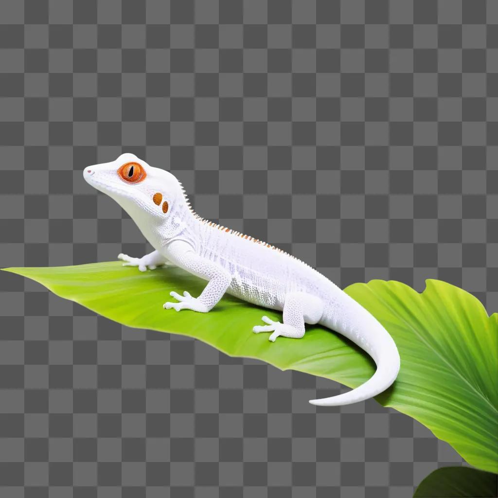 White gecko sits on leaf against green background