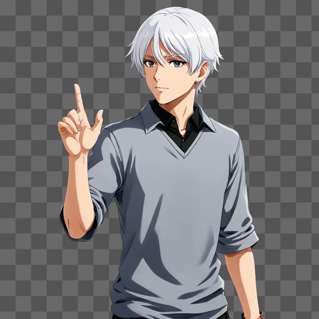 White haired anime boy in a gray shirt