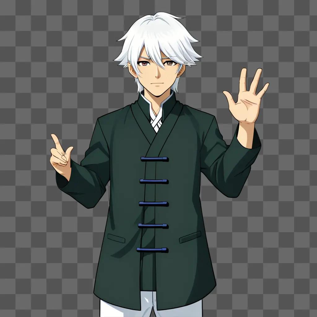 White-haired anime boy poses with fingers in the air