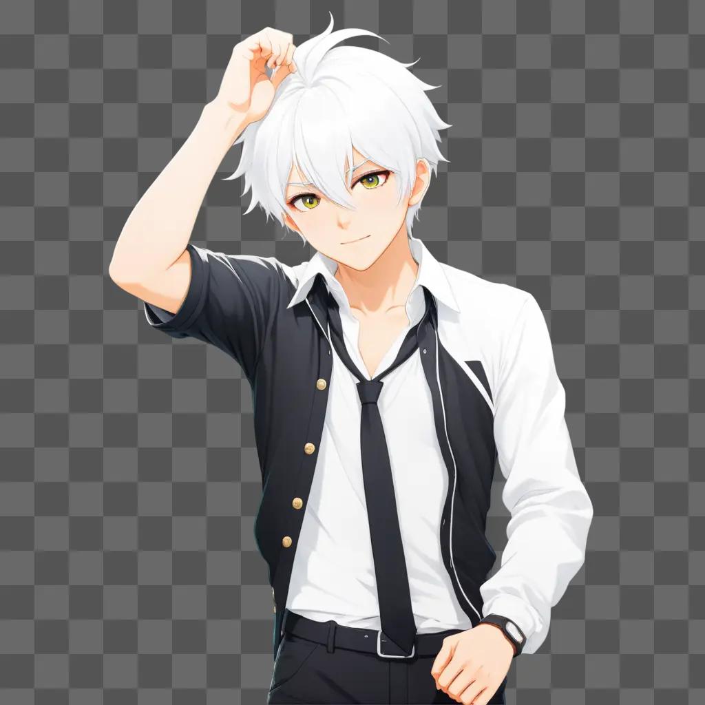 White-haired anime boy posing against a gray background