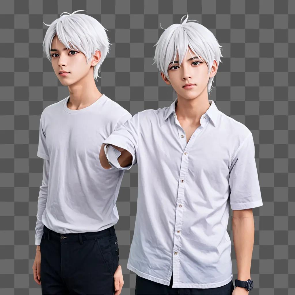 White haired anime boy posing for a picture