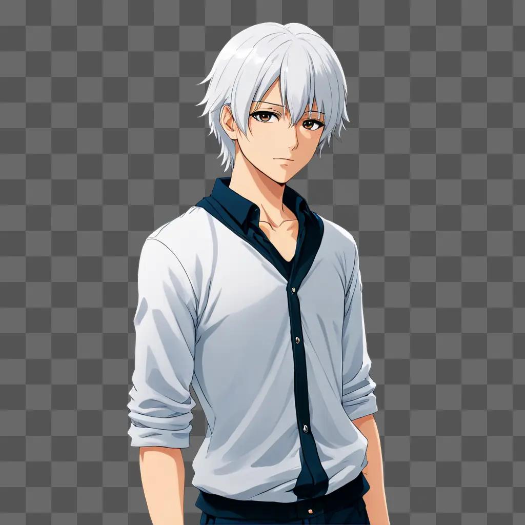 White haired anime boy posing for picture