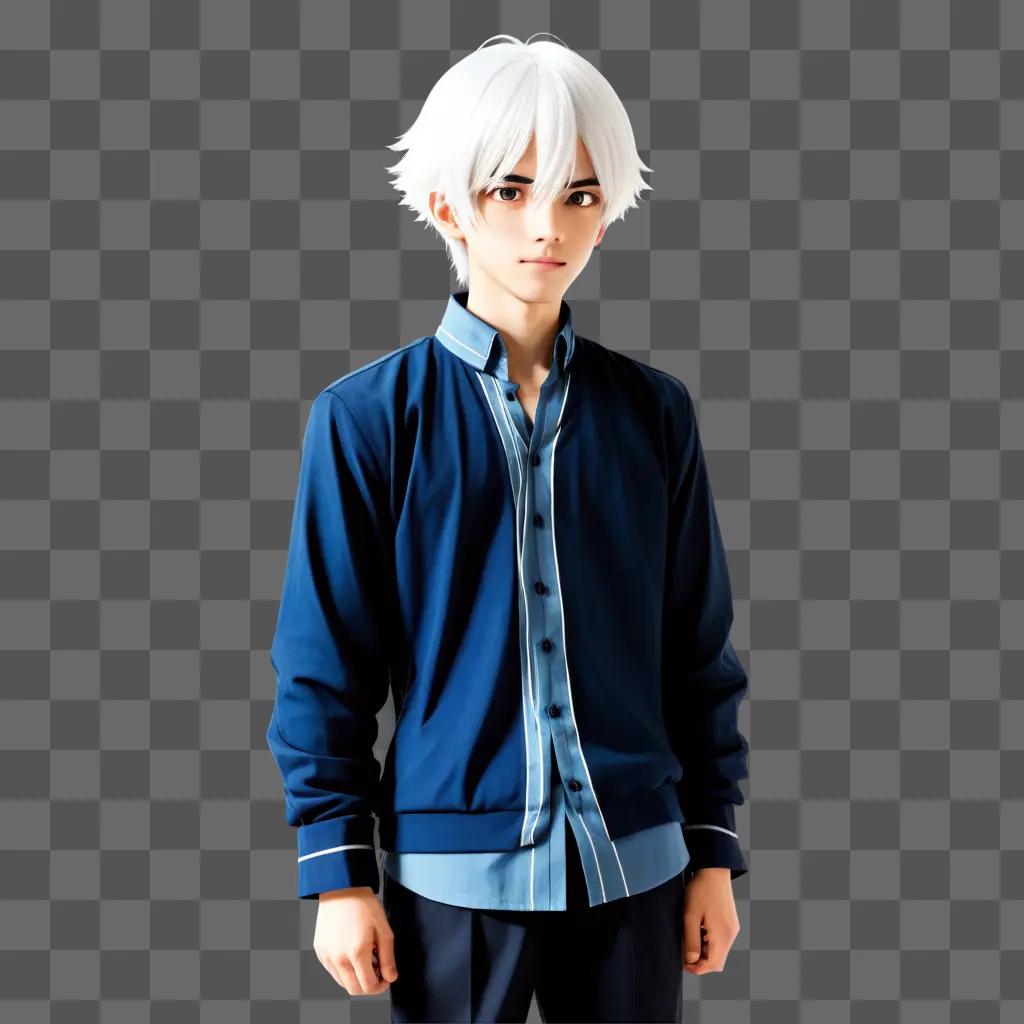 White haired anime boy posing in front of a blue wall