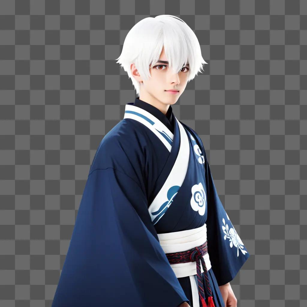 White haired anime boy posing in traditional costume