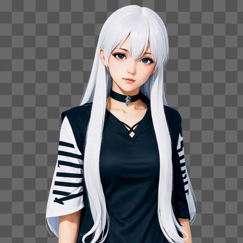 White-haired anime girl poses in a black and white outfit