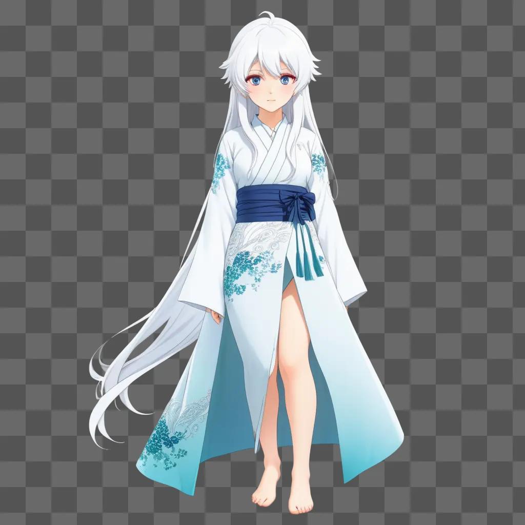 White haired anime girl posing in a blue robe