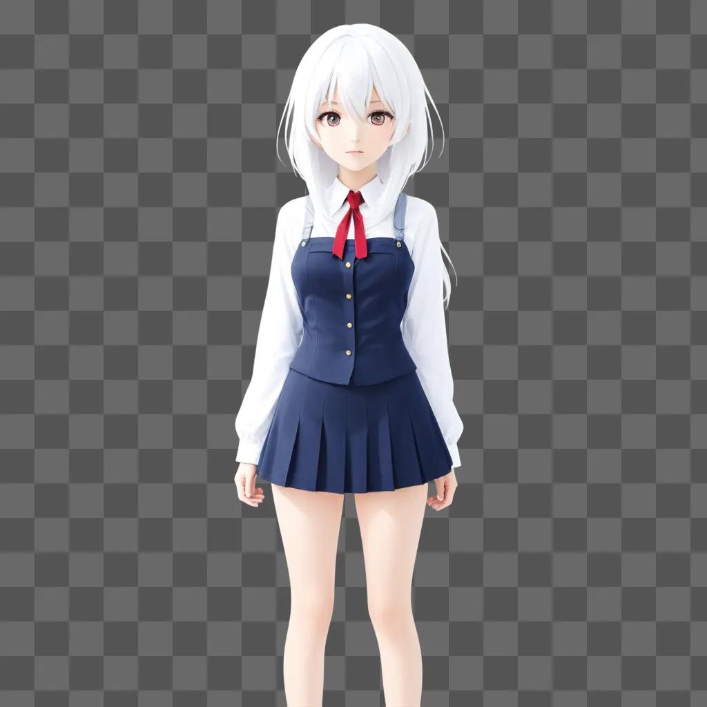 White haired anime girl posing in school uniform