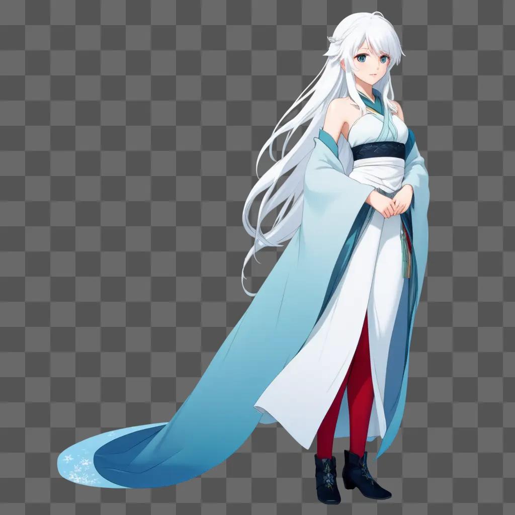 White-haired anime girl stands in a blue outfit