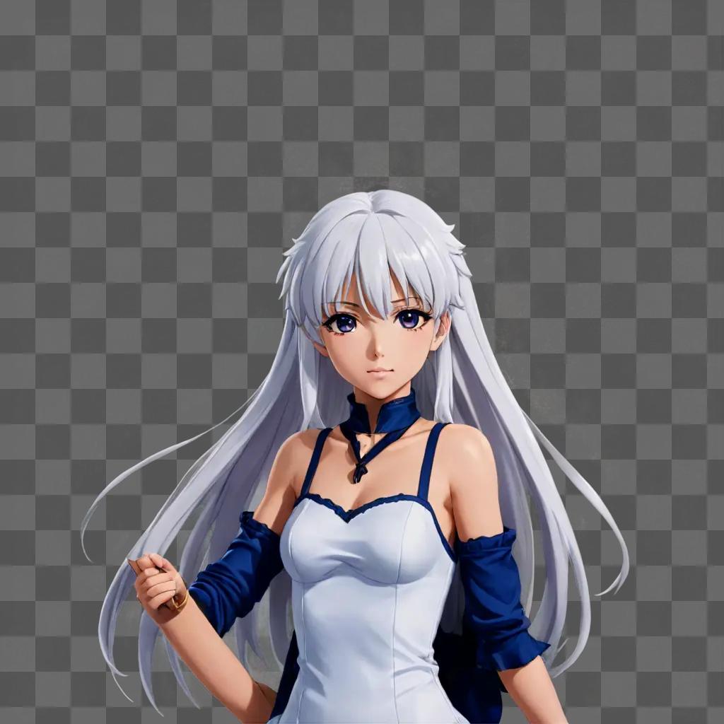 White haired anime girl stands in front of a grey background