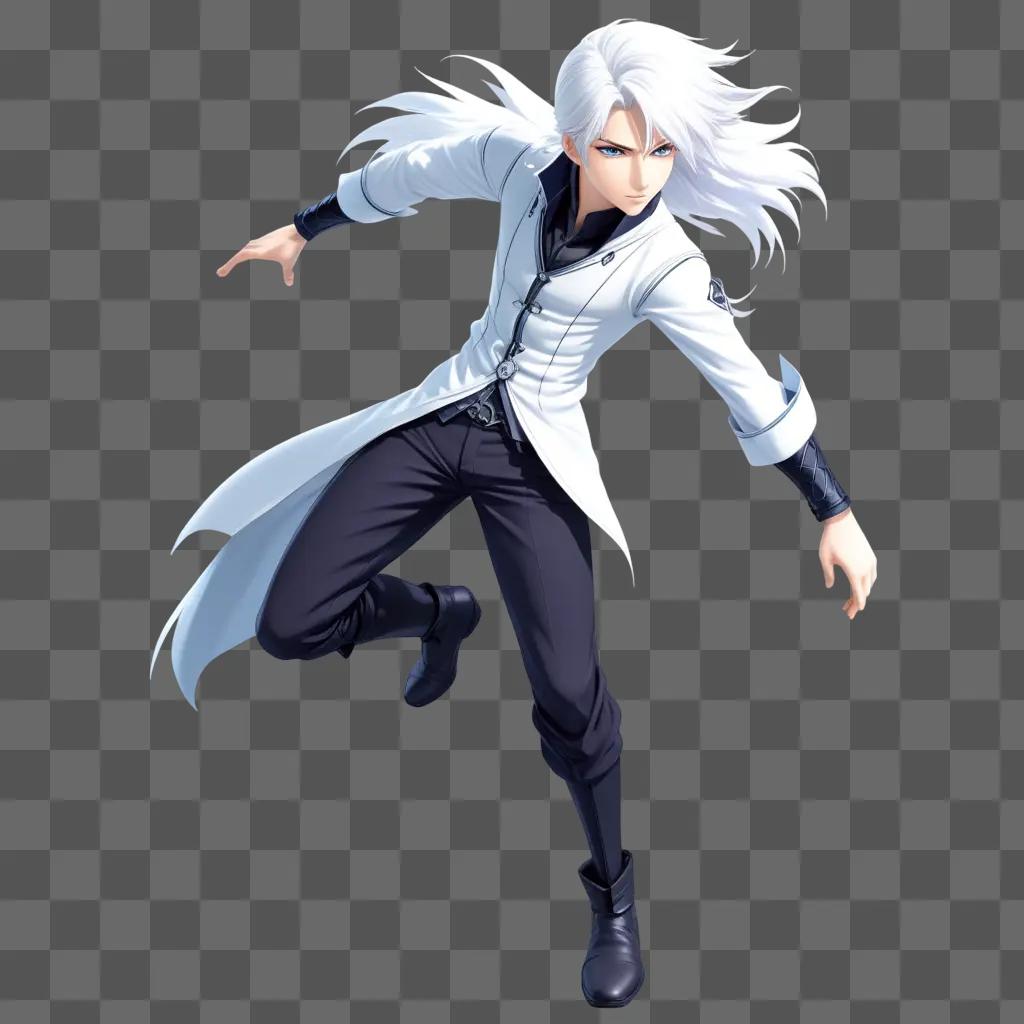 White haired boy in a white coat and black pants