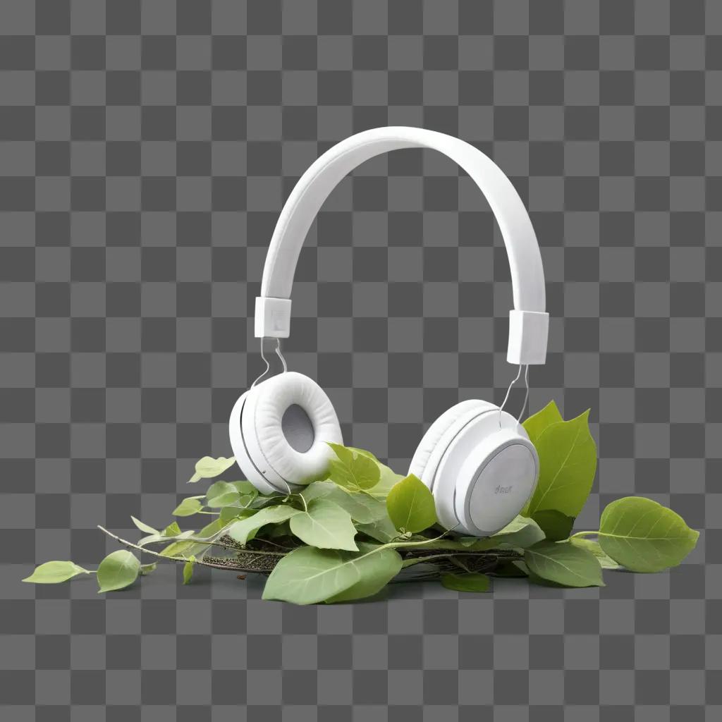 White headphones sit on leaves, glowing in light