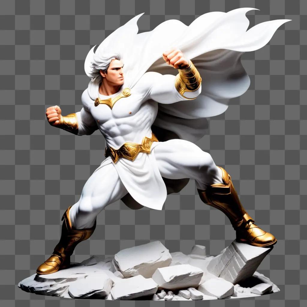 White hero in action against the background of rocks and crumbles