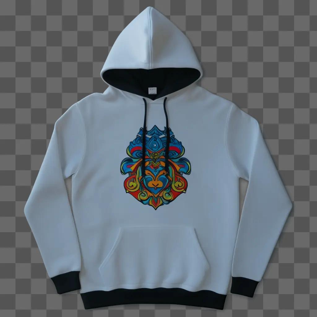 White hoodie with colorful face on front