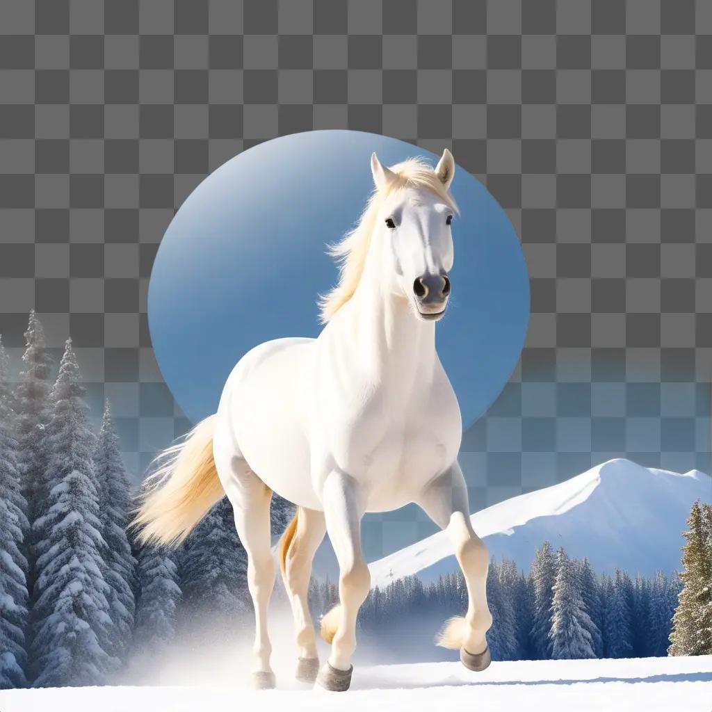 White horse galloping in snow-covered mountainside