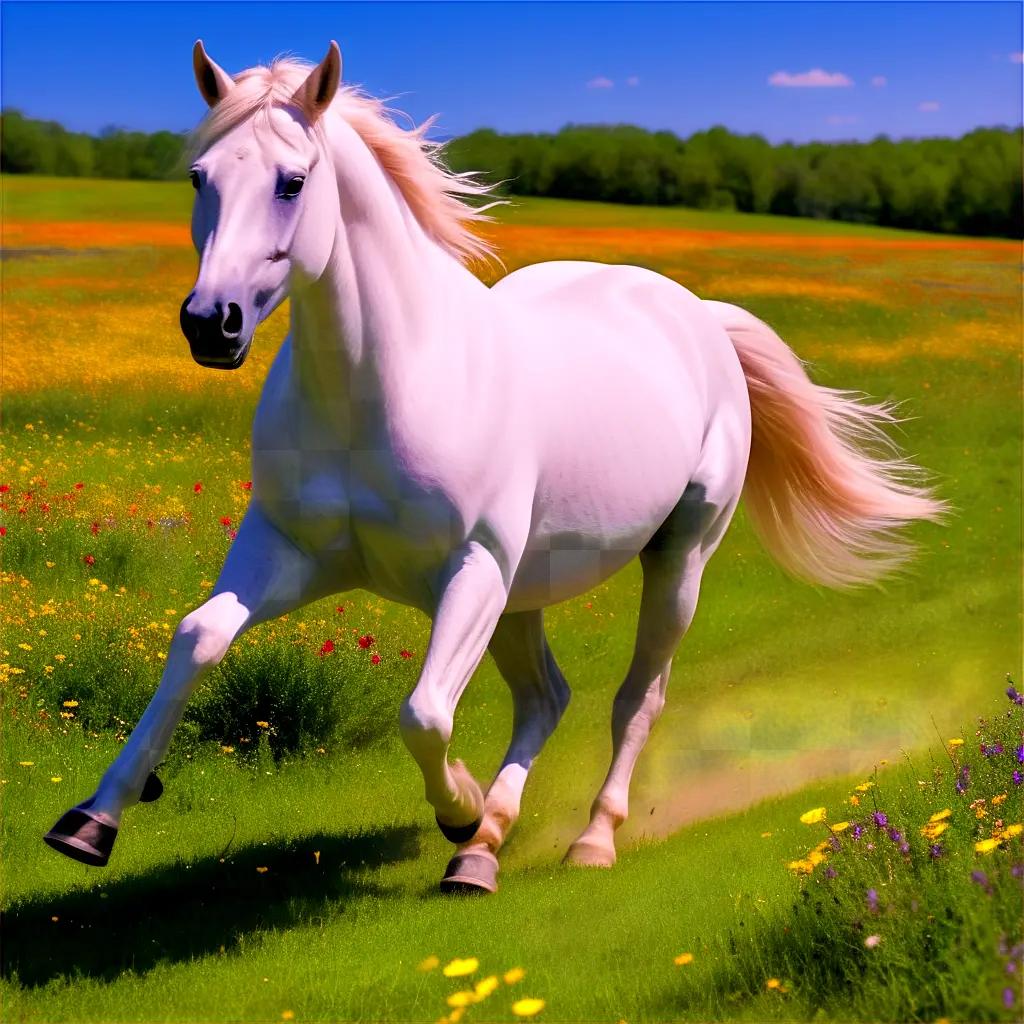 White horse gallops through field of flowers