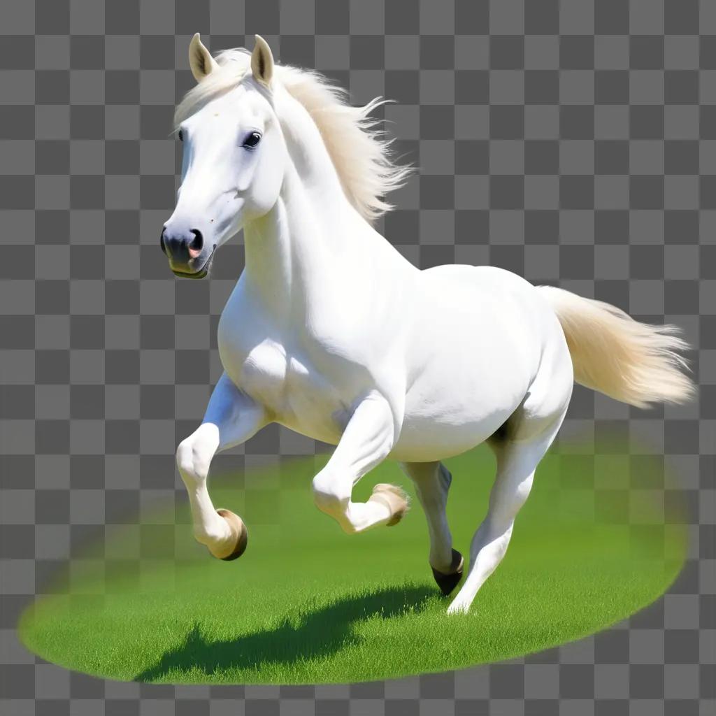 White horse running on a green field