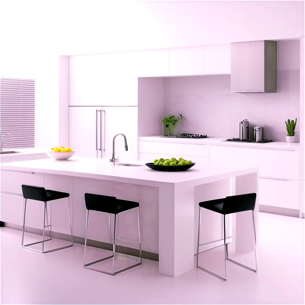 White kitchen with bar stools, sink and refrigerator